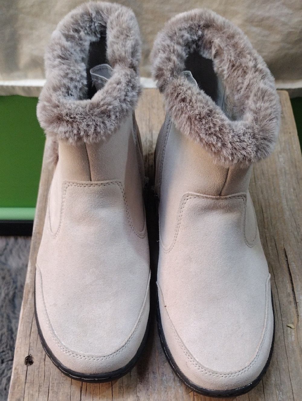 Khombu Beige Faux-Fur Suede Ankle Rain Boots